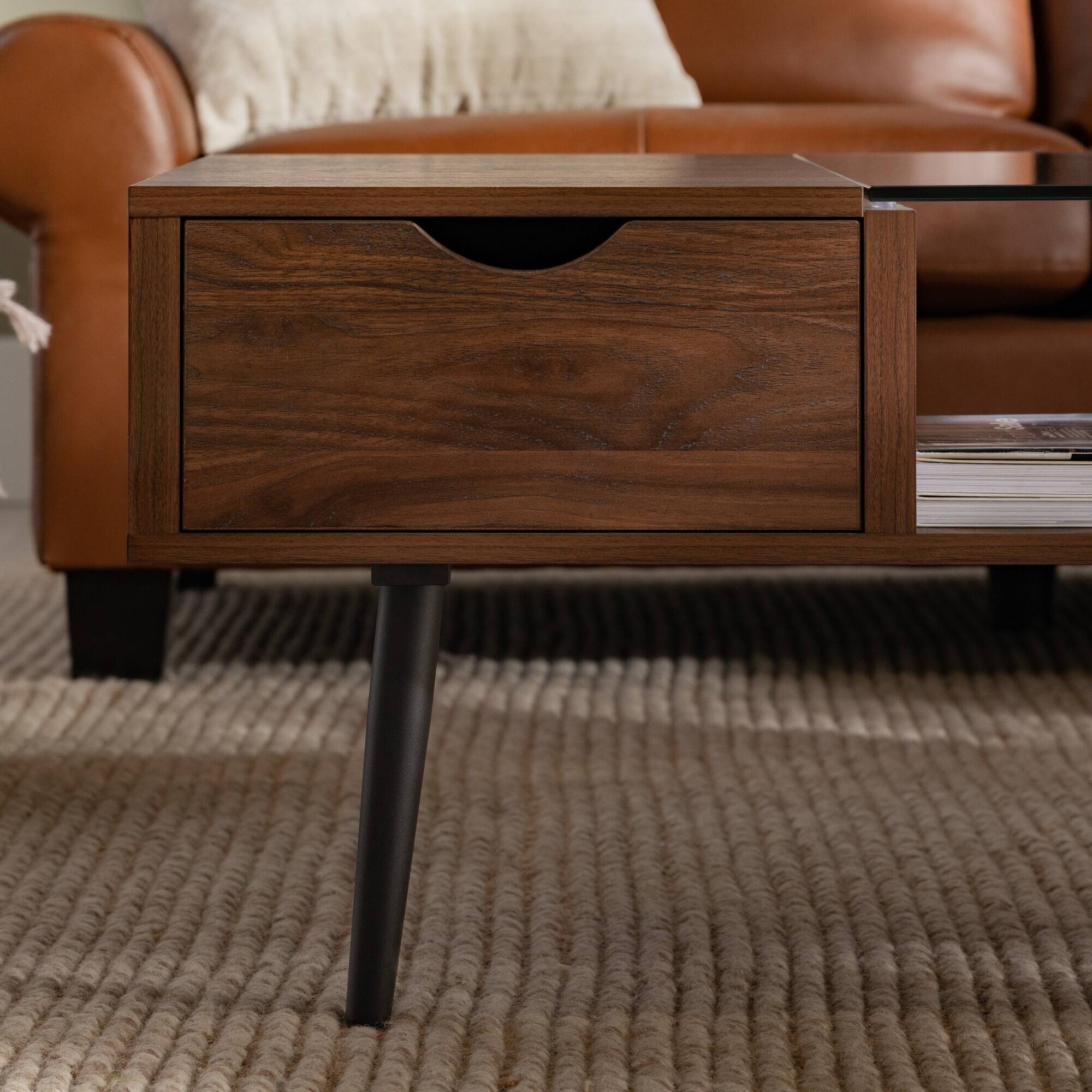Dark Walnut Mid Century Modern Wood & Glass Coffee Table